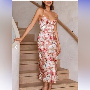 Lake Como Fitted Bodice Cami Strap Midi Dress Abstract Print Rose